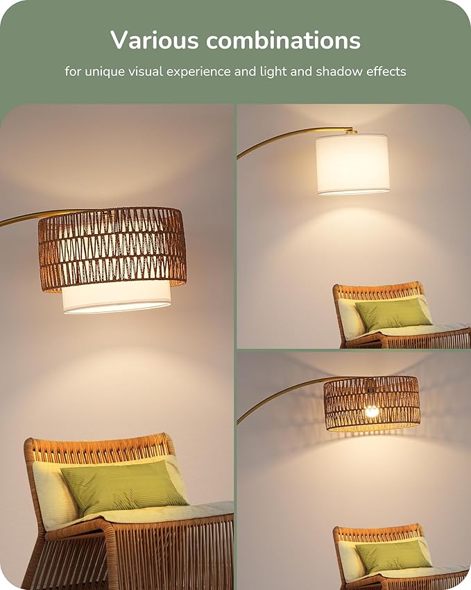 EDISHINE Gold Floor Lamps for Living Room, 76" Arc Floor Lamp with Remote & Dimmable Bulb, Boho Rattan Standing lamp with 5 Color Temperatures, Adjustable Tall Lamp for Bedroom, Office, Nursey - Bloomnest