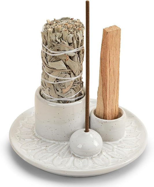 Palo Santo Sticks Holder, Multi-Purpose Handmade Ceramic Incense Burner for Palo Santo Incense Sticks, Sage Holder for Burning, Ash Catcher Tray for Meditation Yoga Room (Spotted White) ToolSentryX