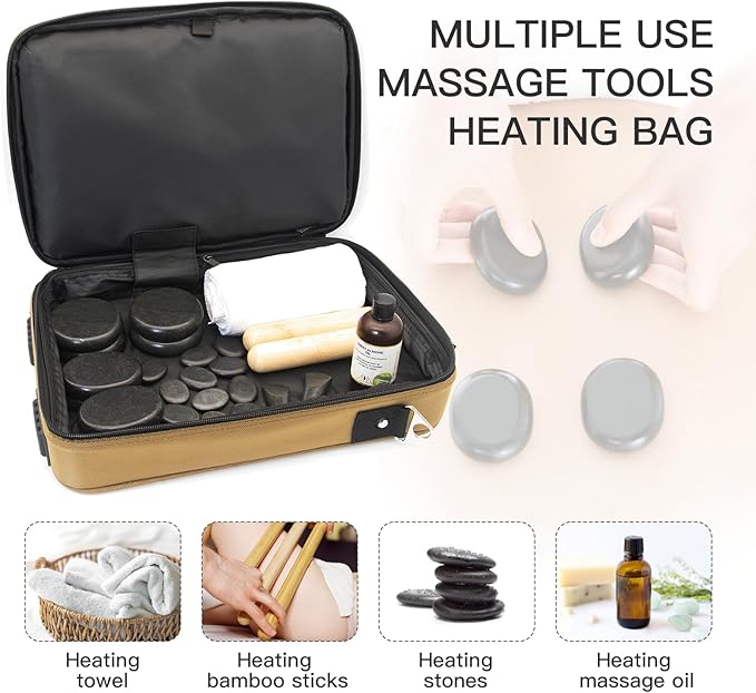 Portable 20 PCS Massage Stones Warmer Set, Temp Control Hot Stone Heater, Heating Massager Travel Bag w/Car Adapter for Professional/Home Spa (Brown) - Bloomnest