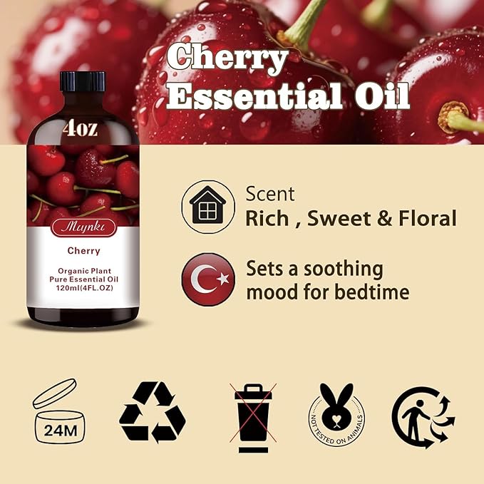 Cherry Essential Oil, Roll-on Cherry Oil Sets (4 Fl Oz + 0.33 Fl Oz) - 100% Natural, Diffuser, Massage, Yoga, DIY Soap and Candle Making - Home Fragrance, Fragrance Oils, Gifts, Spa Care MLYNKLESSENTIALOILS