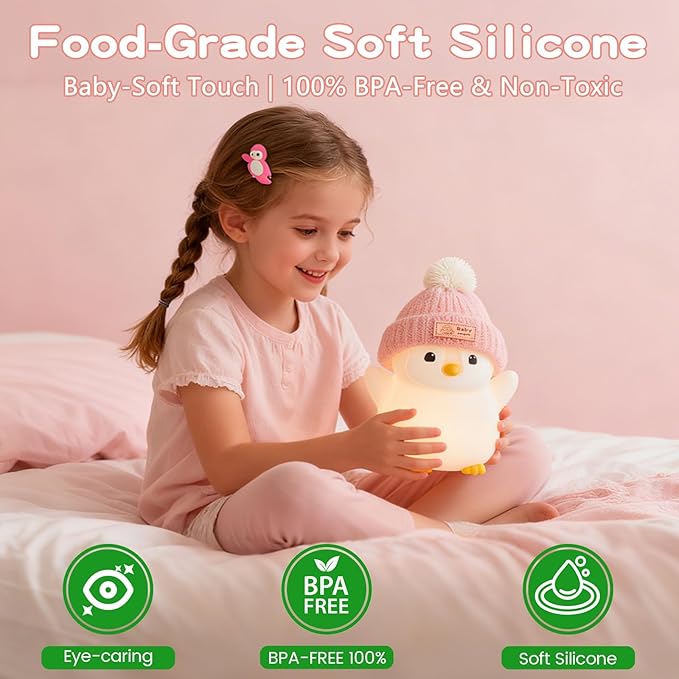 Penguin Night Light, Cute Pink Penguin Lamp with Knit Hat, Soft Silicone Nursery Nightlight for Baby, Rechargeable/Dimmable/Timer,LED Squishy Novelty Animal Bedside Lamp,Funny Gifts for Kids - Bloomnest