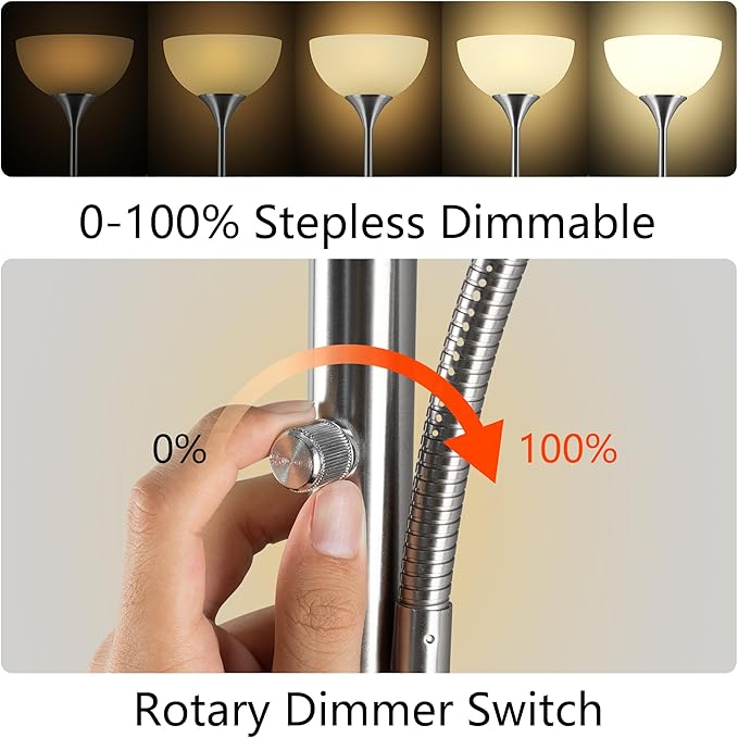 Floor Lamp, Dimmable Standing lamp, Stepless Dimming Brightness, Included 9W and 5W LED Bulbs, Industrial Floor Lamp for Living Room, Bedroom, Office, Reading - Bloomnest