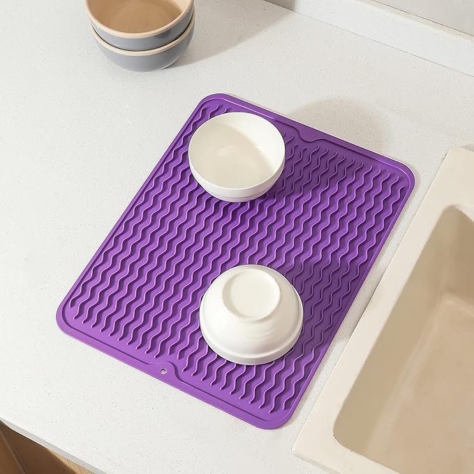 Silicone Dish Drying Mat for Multiple Usage,Easy clean,Eco-friendly,Heat-resistant Silicone Mat for Kitchen Counter or Sink,Refrigerator or drawer liner Purple L 16 inches x 12 inches - Bloomnest