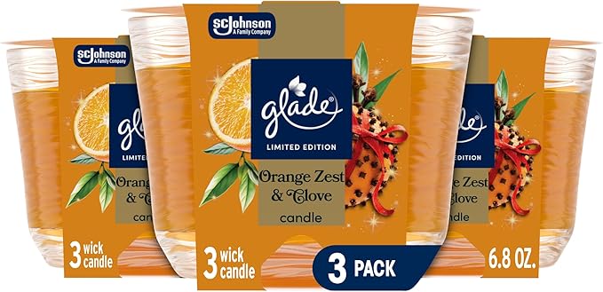 Glade 3-Wick Scented Candle Jar, Orange Zest & Clove, Air Freshener Infused with Essential Oils, 6.8 Oz, 3 Count - Bloomnest