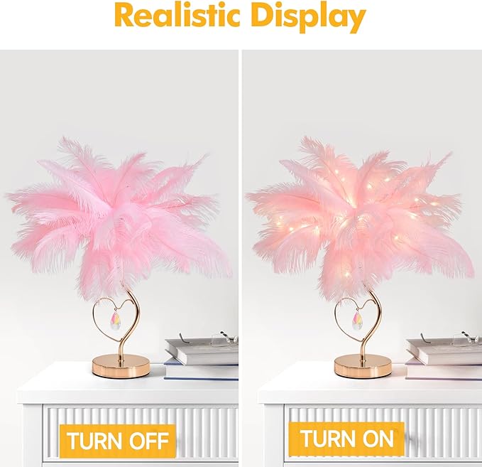 Pink Ostrich Feather Lamp Creative Furry Bedside Lamp Romantic Feather Table Lamp Fluffy Nightstand Light for Girl Bedroom Wedding Decor Valentines Dating Livingroom Hotel Office Christmas - Bloomnest