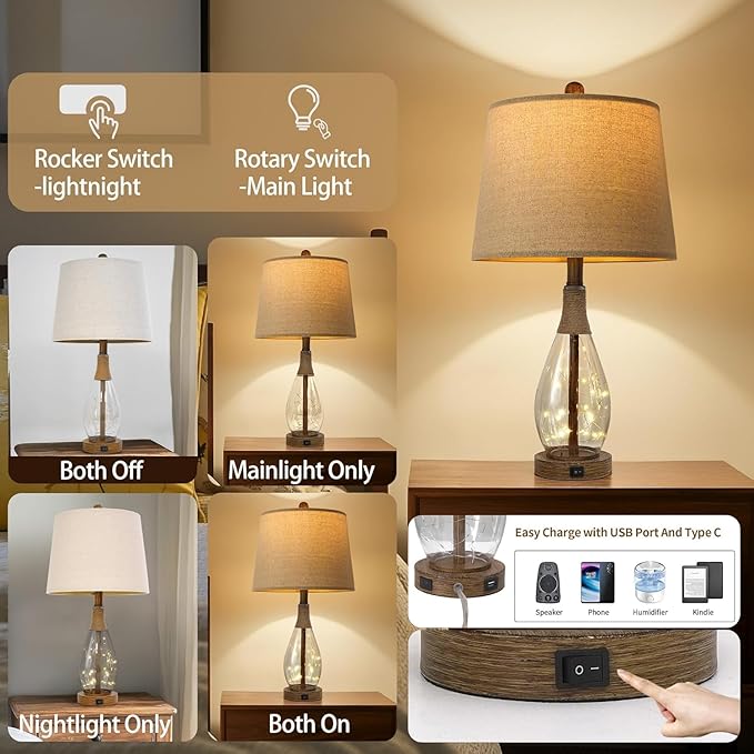 OYEARS 23" USB A+C Table Lamp Set of 2 Modern Bedside Lamps Retro Farmhouse Rattan Glass Nightstand Nightlight Lamps for Bedroom Living Room Dorm,Two Light Points - Bloomnest