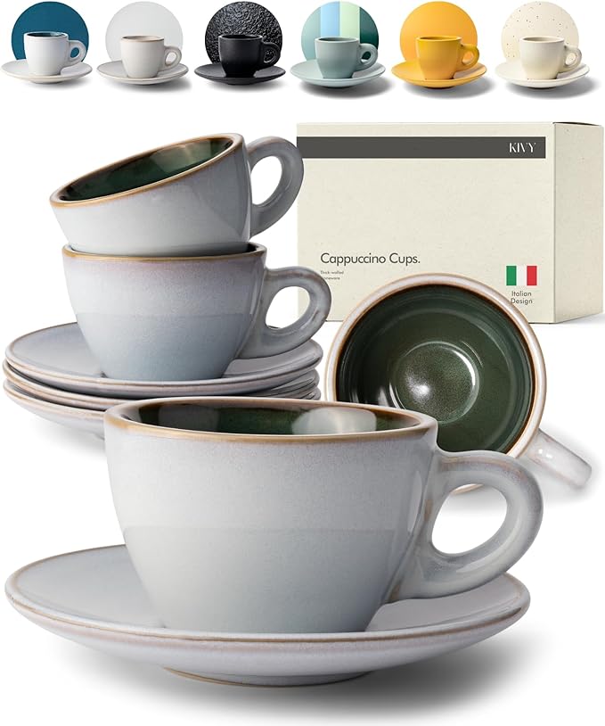 KIVY Cappuccino cups [4x 8oz] - Thick-walled stoneware cappuccino cup set for latte art - Latte mugs - Latte cup set - Small coffee cups - Latte art cup - Ceramic latte cup and saucer set of 4 - Bloomnest
