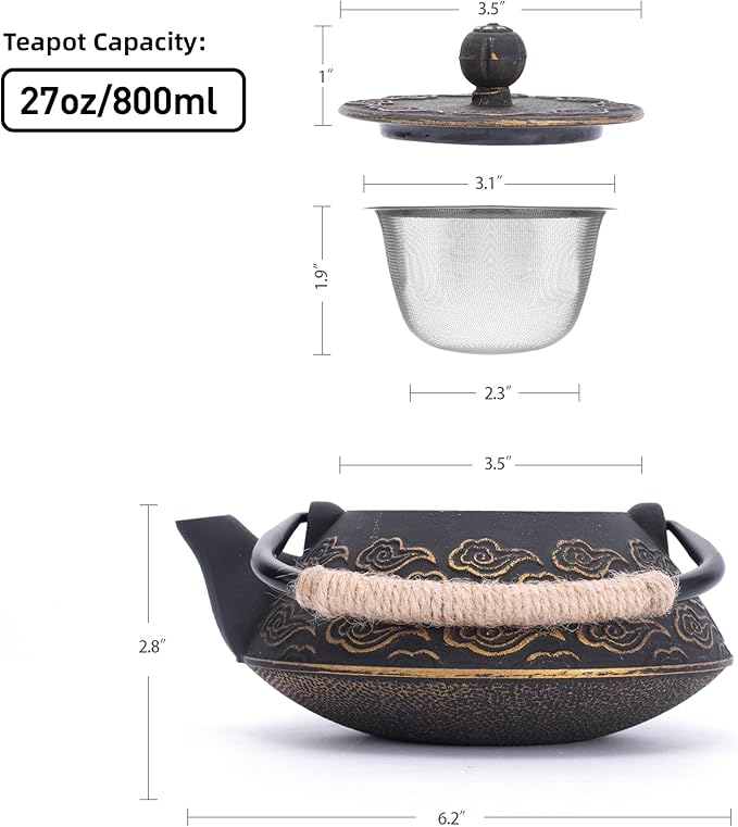 Cast Iron Teapot, Japanese Tea Pot with Infuser for Loose Leaf, Tea Kettle Stovetop Safe Coated with Enameled Interior, Clouds Pattern 27oz, 800ml Black