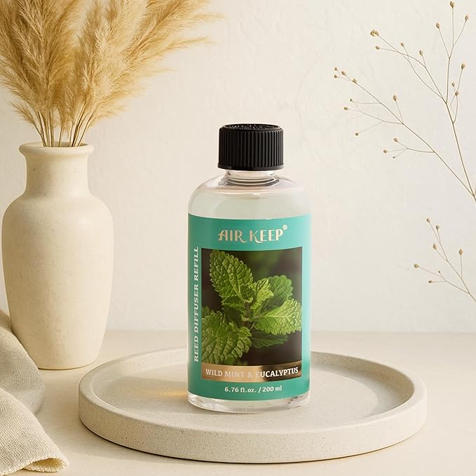Airkeep Reed Diffuser Oil Refill with Diffuser Sticks, 6.76 Fl Oz(200ml) Wild Mint&Eucalyptus Scented Oils, Aroma Therapy, Home Fragrance & Air Freshener, Office Décor, Decoration - Bloomnest