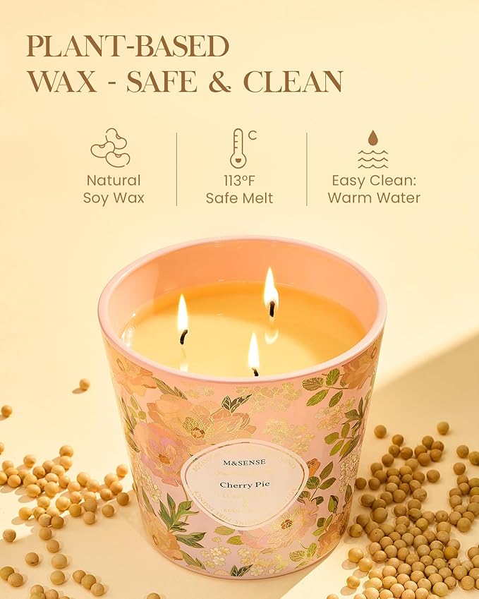 M&SENSE Cherry Pie Scented Candle, 28.2oz 3 Wick Natural Soy Wax Large Candles, Long Lasting Clean Slow Burning No Toxic Décor for Home Relaxation, Romantic Dates & Gift-Giving - Bloomnest