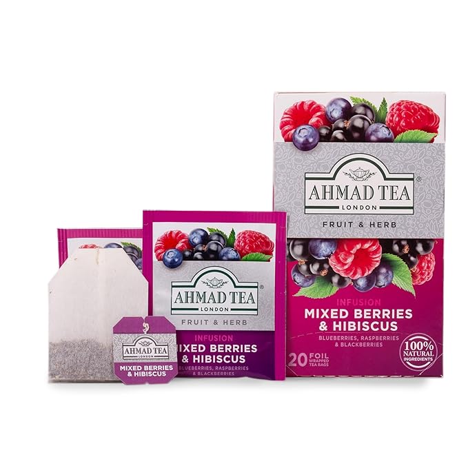 Ahmad Tea Herbal Tea, Mixed Berries & Hibiscus Teabags, 20 ct (Pack of 1) - Decaffeinated & Sugar-Free - Bloomnest