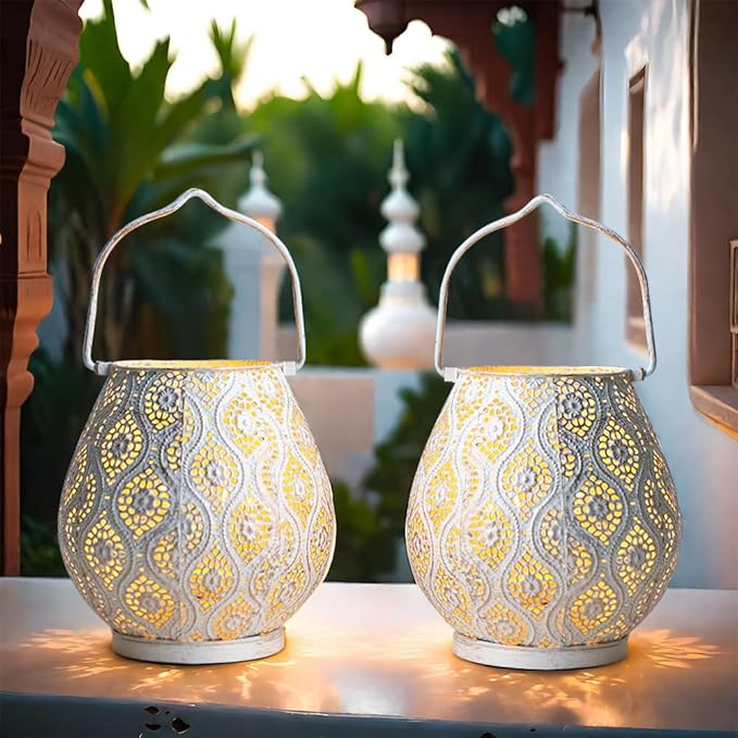 TRIROCKS Set of 2 Moroccan Decorative Lamps 8'' High Battery Powered Cordless Lamp Metal Table Lamps with Fairy Lights Bulb for Home Living Room Garden Yard Party Events Tabletop Indoor Outdoor(White) - Bloomnest
