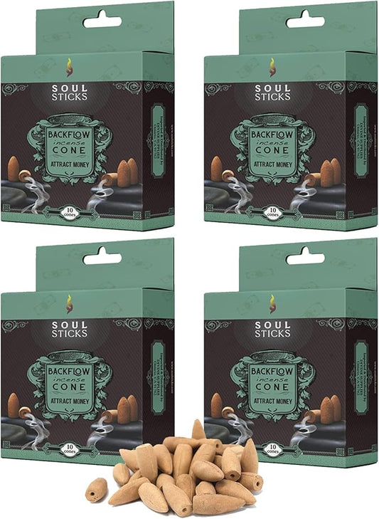 Soul Sticks Backflow Incense Cones – 40 PCS Organic Handmade Cones for Waterfall Burner | 4 Pack Long Lasting Aromatic Scents | Thick White Smoke Incense for Meditation, Spiritual Gift (Attract Money)