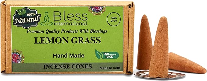 Bless International Lemon Gras 100%-Natural-Incense-Cones Handmade-Hand-Dipped Organic-Chemicals-Free for-Purification-Relaxation-Positivity-Yoga-Meditation The-Best-scents (10 Count) BlessInternational