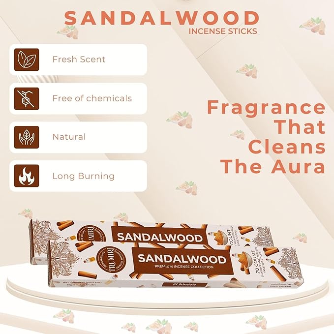 Sandalwood Incense Sticks - Incienso de Sándalo - Total 120 Insence-Sticks - 6 Packs of 20 Insense - Inciensos - Inscents - Natural Non Toxic Ingredients - Incents - Incence - Inscense - Insents TRUMIRI