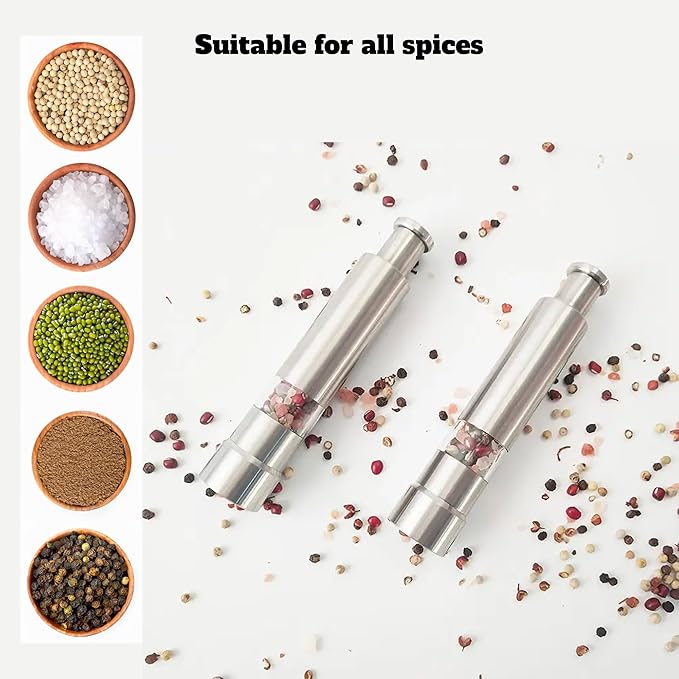Modern Thumb Click Salt and Pepper Grinder with Refillable Peppermill - Perfect for Himalayan Salts, Black Pepper, Sea Salt, Peppercorns, Spices Push Button for 1 hand operation (set) - Bloomnest