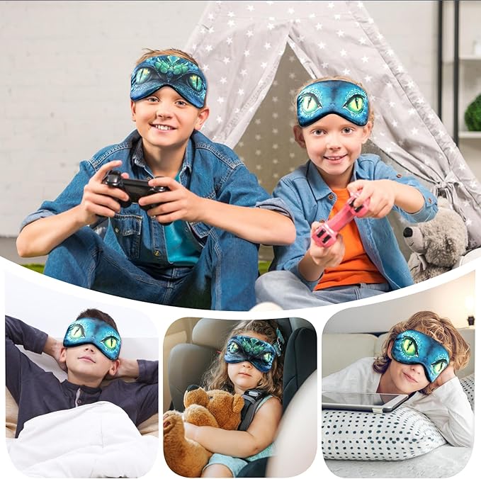 2 Pcs Sleep Mask for Kids Boys, Silk Eye Covers for Sleeping, Adjustable Strap & Light Blocking Design, Adult Children's Bedtime Blindfold for Travel and Home Use (Green Dinosaur Eyes) - Bloomnest