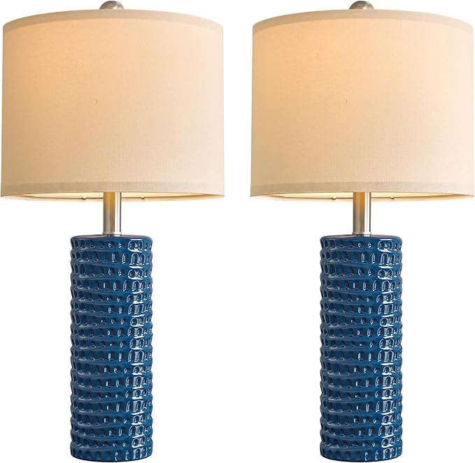 PORTRES 24.75" Modern Accent Ceramic Table Lamp Set of 2 for Bedroom Desk Decor Bedside Lamps for Living Room Study Room Office Dorm Farmhouse Nightstand Lamp End Table Lamps (Blue) - Bloomnest