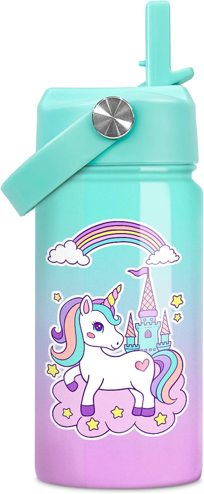 Unicorn Water Bottle - Kids Water Bottle with Straw Lid - 12 Oz Insulated Stainless Steel Ocean Water Bottles for Kid Girl- Travel Cup for School Sports - Bloomnest
