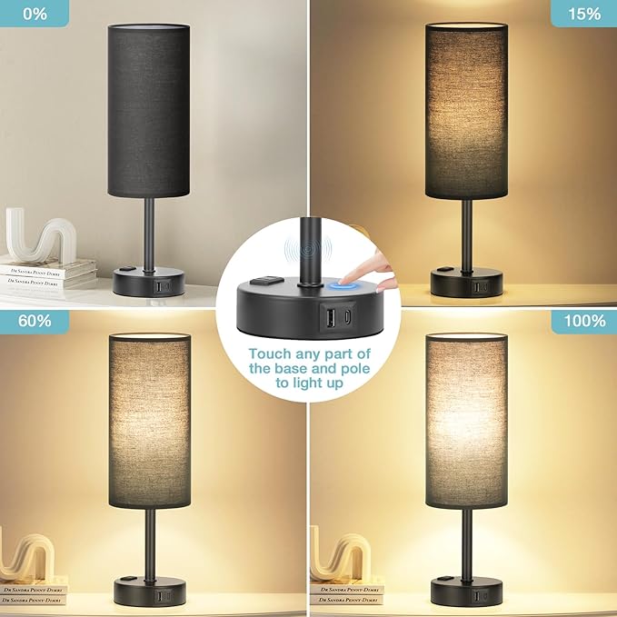 Fenmzee Black Bedroom Lamp for Nightstand - 3 Way Dimmable Bedside Lamp USB C A Charging Ports and AC Outlet, Small Table Lamp Black Base for Living Room, Office Desk, LED Bulb Included - Bloomnest