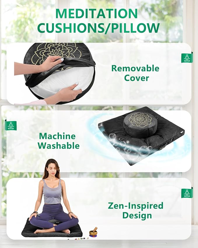 Hihealer Meditation Cushion Set Large Velvet Floor Pillow & Traditional Tibetan Yoga Bolster for Adults Zafu Meditation Mat with Buckwheat Filling (Black) - Bloomnest