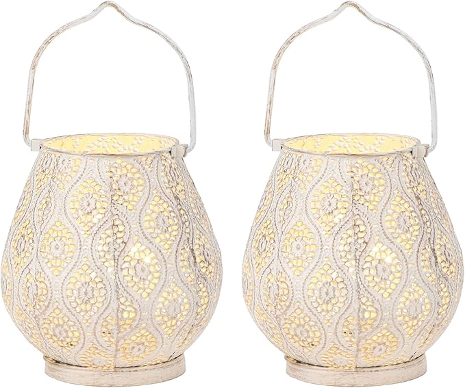 TRIROCKS Set of 2 Moroccan Decorative Lamps 8'' High Battery Powered Cordless Lamp Metal Table Lamps with Fairy Lights Bulb for Home Living Room Garden Yard Party Events Tabletop Indoor Outdoor(White) - Bloomnest