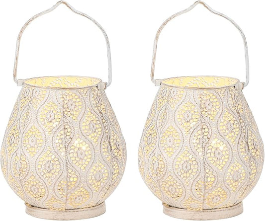 TRIROCKS Set of 2 Moroccan Decorative Lamps 8'' High Battery Powered Cordless Lamp Metal Table Lamps with Fairy Lights Bulb for Home Living Room Garden Yard Party Events Tabletop Indoor Outdoor(White) - Bloomnest
