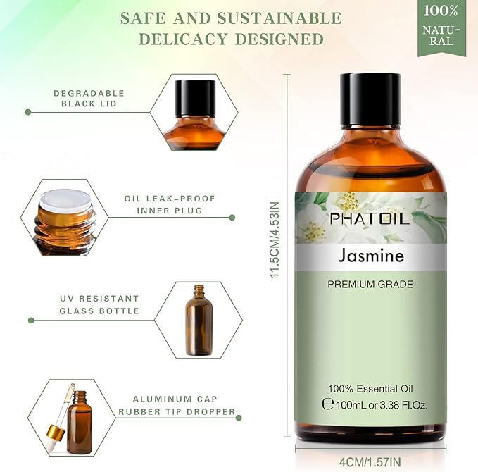 PHATOIL 3.38FL.OZ Jasmine Essential Oil with Glass Dropper, for Aromatherapy Diffusers, Humidifiers, Great for DIY Candle and Soap Making, Huge 100ML Bottle PHATOIL
