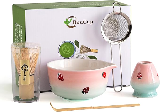 Matcha Whisk Set, Matcha Bowl with Spout, Matcha Whisk and Holder, Bamboo Matcha Scoop and Stainless Sifter,Ceramic Matcha Bowl(Pink Green) - Bloomnest