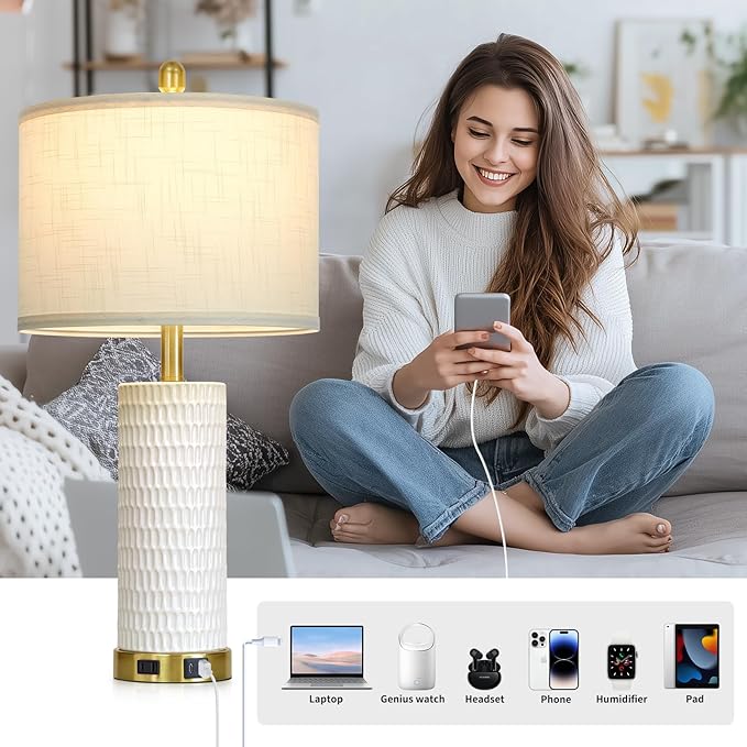 27" White Ceramic Lamps for Living Room, 3-Way Dimmable Touch Ceramic Table Lamp Set of 2 for Bedroom，Rustic Farmhouse Bedside Lamp with USB A+C & Outlets, Elegant Bedroom Lamp for Nightstand - Bloomnest