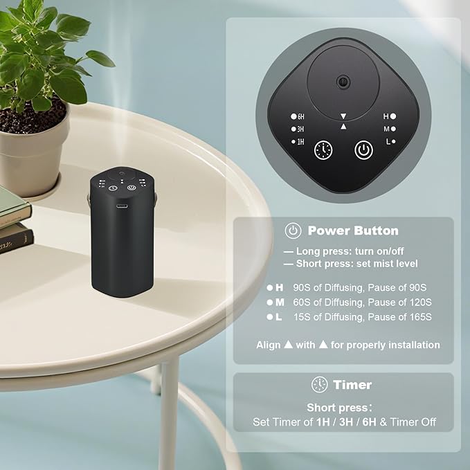 Waterless Essential Oil Diffuser with Handle, Scent Diffuser for Car Home Office Bathroom with Timer, Small Rechargeable Aromatherapy Diffuser, Portable Cordless Aroma Car Diffuser, Black - Bloomnest