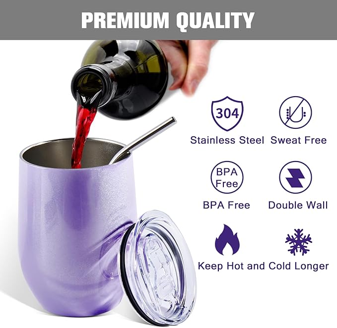 BetterSub 8 Pack 12oz Sublimation Glitter Purple Wine Tumblers, Double Wall Insulated Stainless Steel Sublimation Blanks, Includes Lid, Straw, Brush, Display Box - Bloomnest
