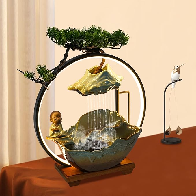 Water Fountains Indoor Tabletop Waterfall Humidifier W/LED Light & Atomizer Mist &Cute Monk Statue, Zen Decor Meditation Japanese Decor Fake Plants Feng Shui Decor Festival Birthday Gift - Bloomnest