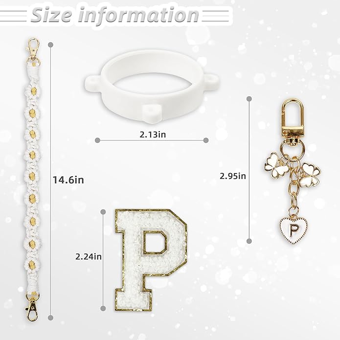 Compatible with Owala Water Bottle Accessories, Cute Letter Charm Set with Boho Handle Strap, Monogram Sticker, Silicone Ring, Keychain Decoration, for FreeSip 24 32 40oz, Owala Kids, Tumbler Gift SITKOL