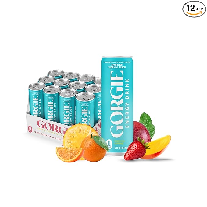 GORGIE Sugar Free Natural Energy Drinks, Sparkling Paradise Punch (12 Pack) - Healthy Energy Drinks - Natural Coffee Replacement with Green Tea Caffeine and Biotin - 150mg Caffeine, Vegan, Low Calorie - Bloomnest