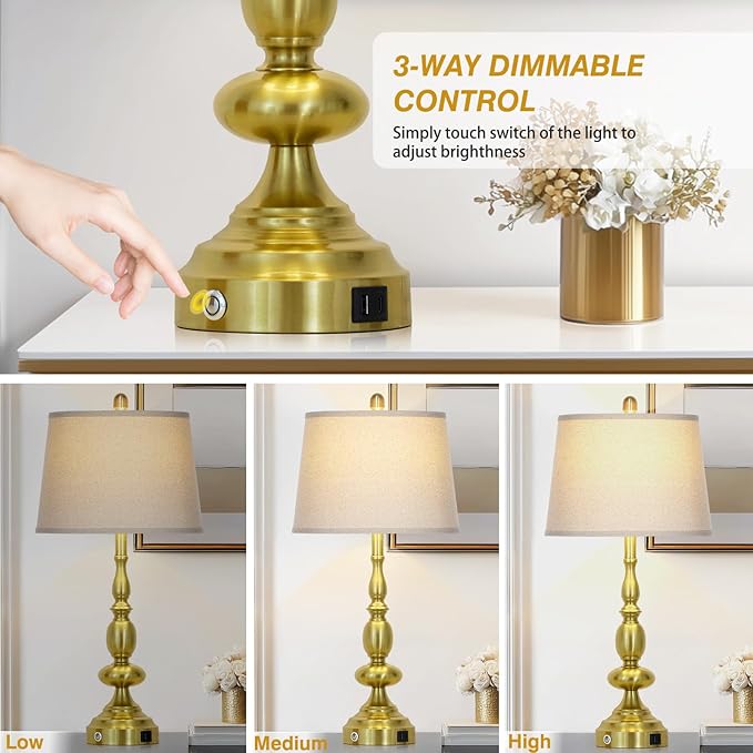 29" Modern Gold Table Lamps Set of 2, Industrial Touch Control 3-Way Dimmable Bedside Lamp with USB C+A Ports, Metal Farmhouse Nightstand Lamps for Living Room Bedroom End Tables(2 LED Bulbs Included) - Bloomnest
