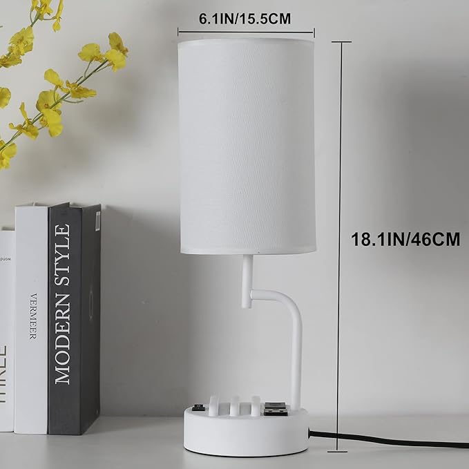 Dreamholder Table Lamp with 3 USB Charging Ports, Modern Desk Lamp with AC Outlet and Phone Stands, Perfect Bedside Lamp for Bedroom, Living Room, Office (Pack of 2), White - Bloomnest