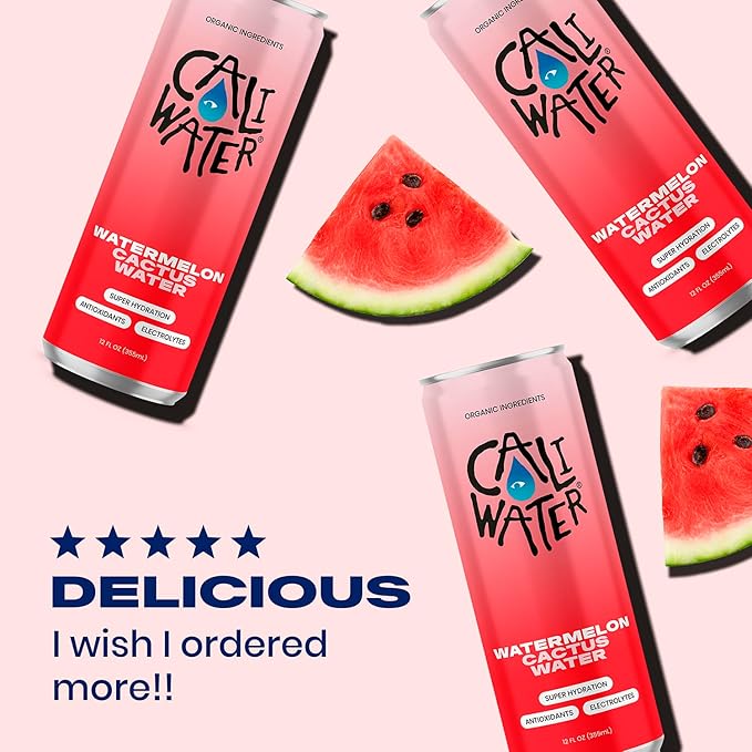 Caliwater - Organic Cactus Water - Watermelon - 5g Sugar, 35 Calories - Half Sugar of Coconut Water - Natural Plant Based Hydration - Skin Care, Electrolyte Drinks - Flavored Water Beverages - 12 Cans - Bloomnest