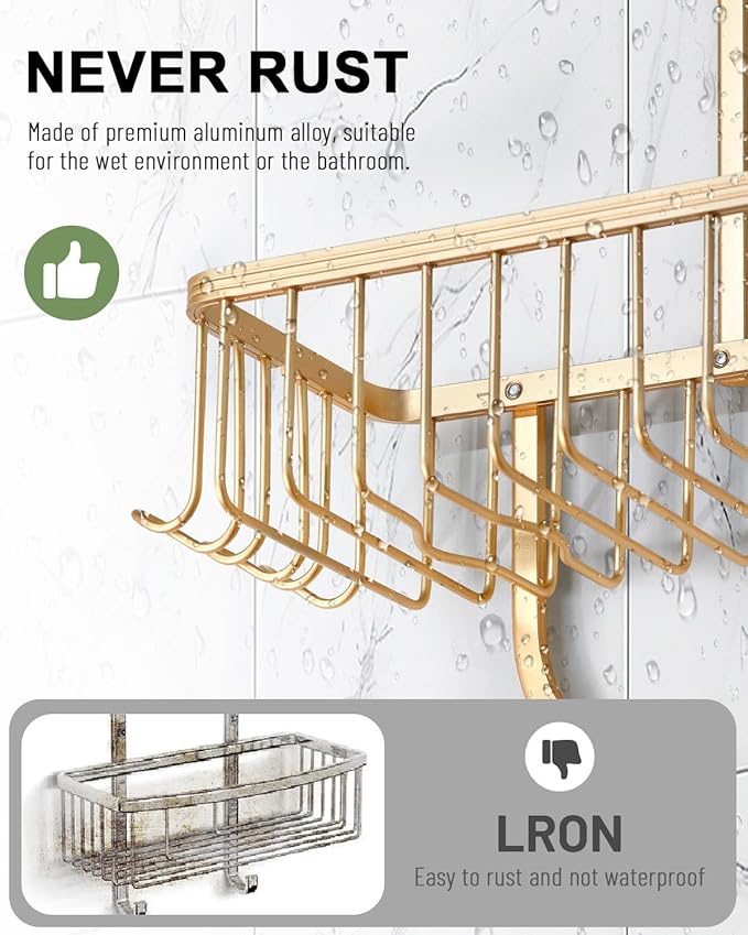 Shower Caddy Hanging - Never Rust Shower Hanging Organizer - Aluminum Over the ShowerHead Caddy with Soap Basket and 6 Razor/Sponge Hooks (Gold) - Bloomnest
