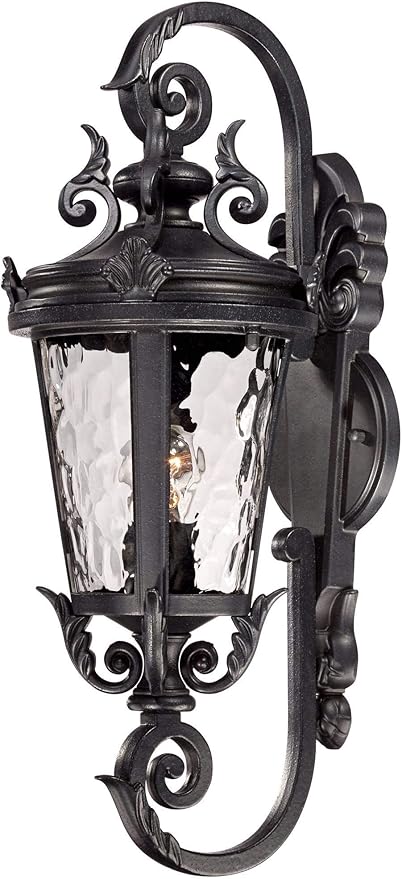 John Timberland Marseille Traditional Outdoor Wall Light Fixture Black Steel Scroll 19" Clear Hammered Glass Downbridge Arm for Exterior House Porch Patio Outside Deck Garage Front Door Home - Bloomnest