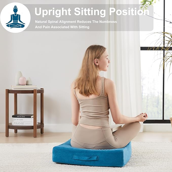 22 inches Floor Pillow for Adults - Large Meditation Cushion with Thick Foam & Soft Tufted Cover - Premium Outdoor Square Floor Cushion Seat - Yoga Pillow for Sitting On Floor - Peacock Blue - Bloomnest