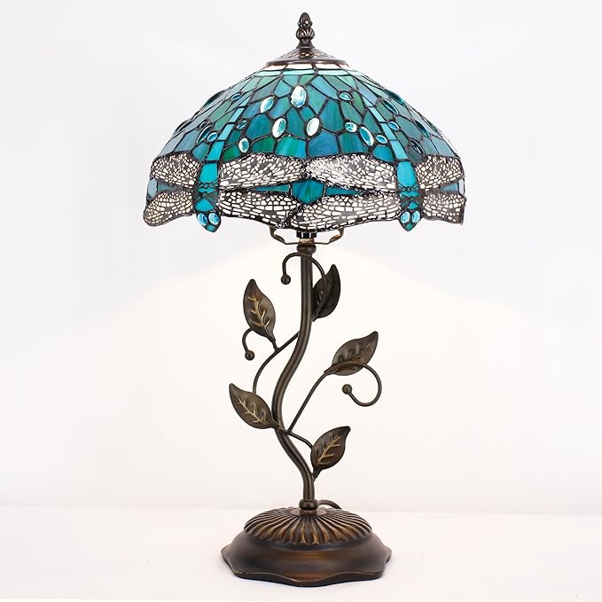 Tiffany Lamp Table Lamp Stained Glass Desk Lamps 12X12X19 Inches Reading Light Decor Bedroom Living Room (Green Blue Dragonfly Style) - Bloomnest