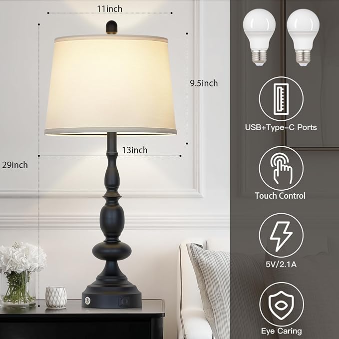 29" Black Modern Table Lamps Set of 2, Industrial Touch Control 3-Way Dimmable Bedside Lamp with USB C+A Ports, Metal Nightstand Lamps for Living Room Bedroom Office Home(2 LED Bulbs Included) - Bloomnest