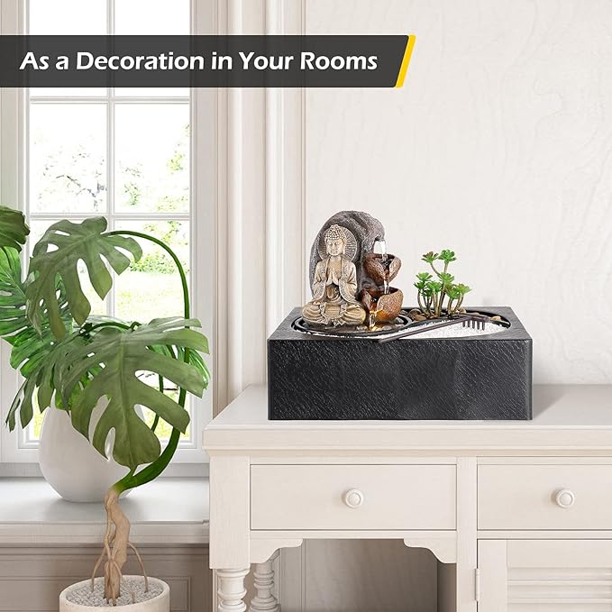 Dyna-Living Water Fountain - Indoor Small Tabletop Waterfall with Zen Garden, LED Warm Light Buddha Fountain for Home Zen Room Decor