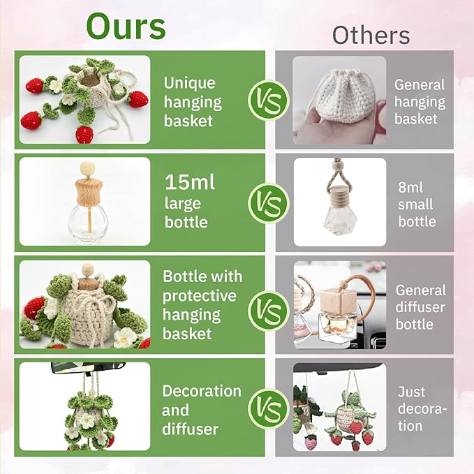 Crochet Car Air Freshener, 15ml Empty Refillable Oil Diffuser Bottle with Hanging Crochet Strawberry Plant for Car Rearview Mirror Air Freshener Diffuser for Home, and Office Decor - Bloomnest
