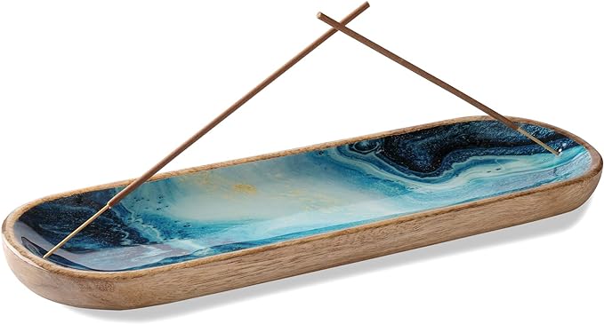 Folkulture Incense Holder for Sticks or Incense Burner | Insence-Stick Holder for Men or Her, Modern Ash Catcher or Insense for Table Décor, Wooden Incense Tray for Sticks, Mango Wood -12 Inches, Blue