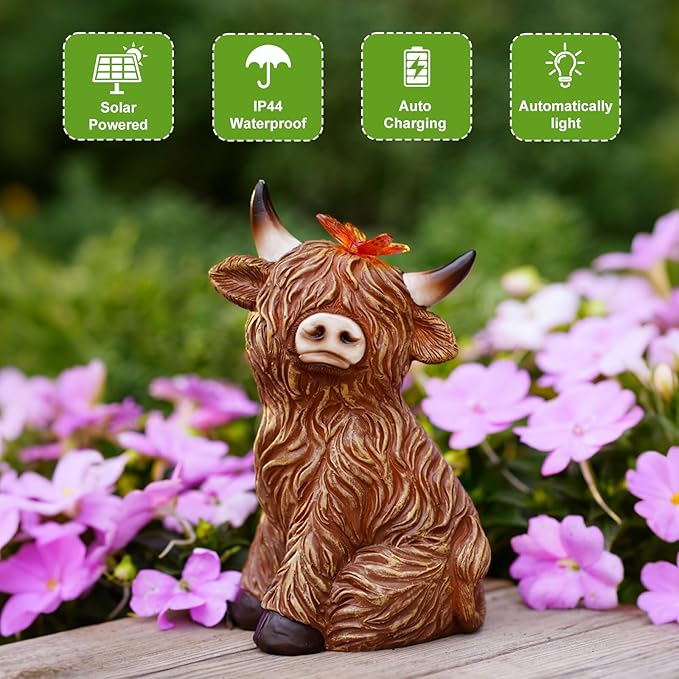 Solar Garden Statue Highland Cow Figurine – Outdoor Decoration with Butterfly for Garden Yard Lawn Home Decor Outside : Unique Gifts for Mom Grandma - Bloomnest