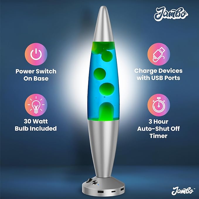 JAMBO 16-Inch Beautiful Lamp with Wax, Relaxing Night Light Home Decor, Extra Tall, Living Room Office Bedroom Lamp for Adults, Teens, Kids (USB, Auto Shut Off, Silver Base, Blue Liquid, Yellow Wax) - Bloomnest