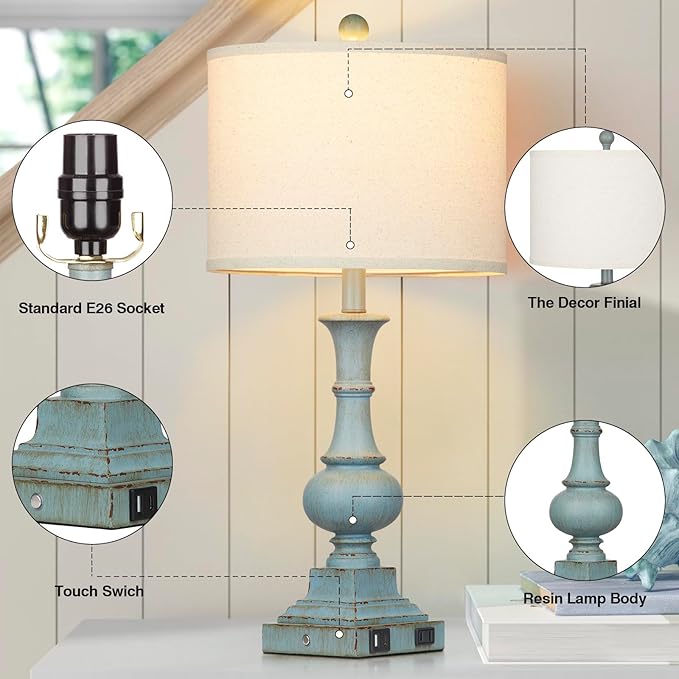 Farmhouse Table Lamps Set of 2, Rustic Touch Control Bedside Lamps with 2 USB Ports & AC Outlet, Vintage Resin 3-Way Dimmable Nightstand Lamp Linen Fabric Shade for Living Room Bedroom Decor Blue - Bloomnest