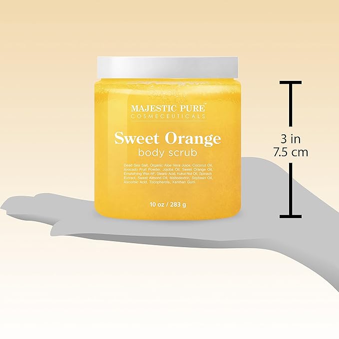 Majestic Pure Sweet Orange Body Scrub for All Natural Skin Care - Exfoliating Multi Purpose Body and Facial Scrub Moisturizes and Nourishes Face and Skin - 10 oz - Great Gift for Her - Bloomnest